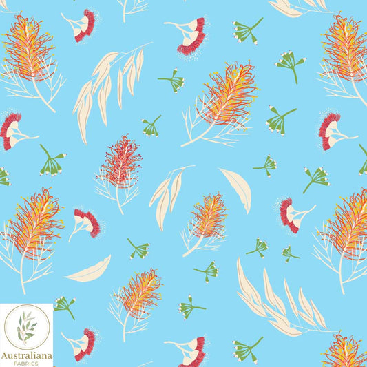 Amanda Joy Fabrics Fabric Premium Woven Cotton sateen 150gsm / 1 Metre Grevilleas & Gum Nuts Blue