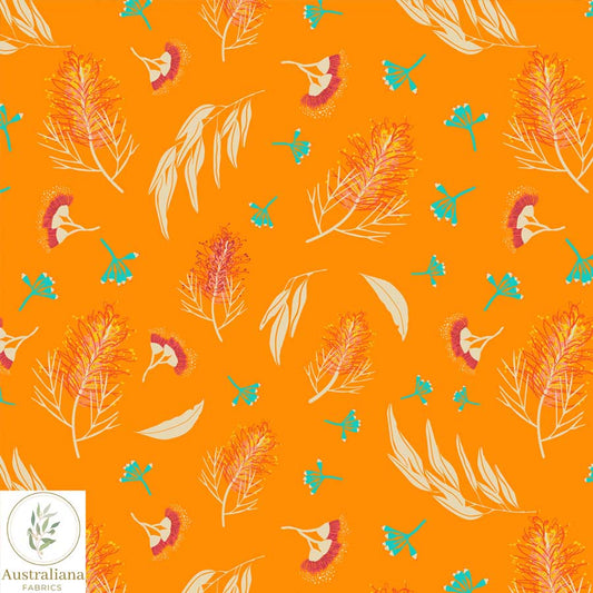 Amanda Joy Fabrics Fabric Premium Woven Cotton sateen 150gsm / 1 Metre Grevilleas & Gum nuts Orange