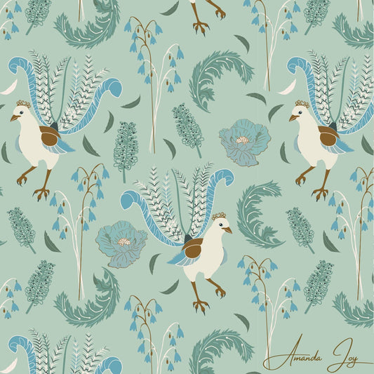 Amanda Joy Fabrics Fabric Premium Woven Cotton sateen 150gsm / 1 Metre Lyrebird Dance on Green