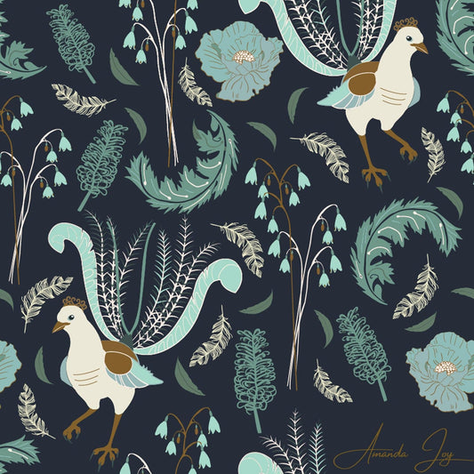 Amanda Joy Fabrics Fabric Premium Woven Cotton Sateen 150gsm / 1 Metre Lyrebird Dance on Navy