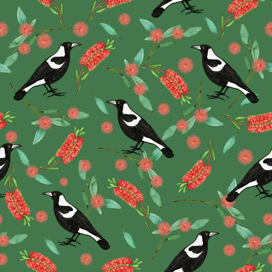 Amanda Joy Fabrics Fabric Roll 1 metre Magpie Bottlebrush Parade Fabric Green