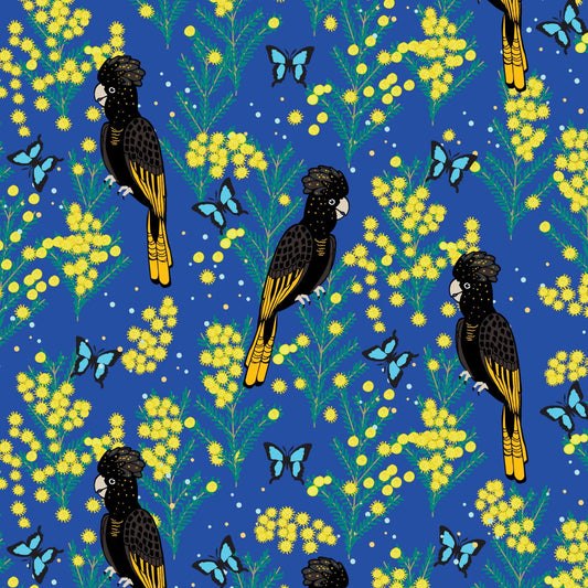 Amanda Joy Fabrics Fabric Yellow Tailed Black Cockatoo on blue, 50cm x 140cm