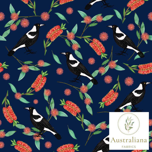 Magpie Bottlebrush Parade Fabric, Steel Blue